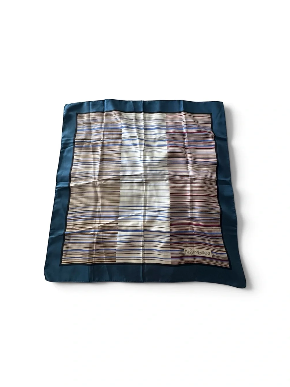 Yves Saint Laurent Multicolor Striped Silk Scarf with Teal Border